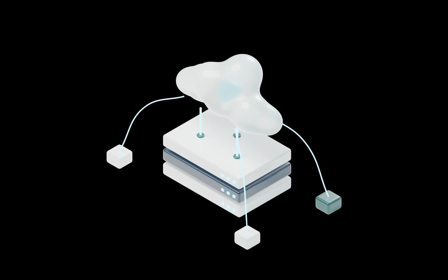 A frosted cloud held above a stack of server units, joined by glowing data pathways to surrounding edge nodes