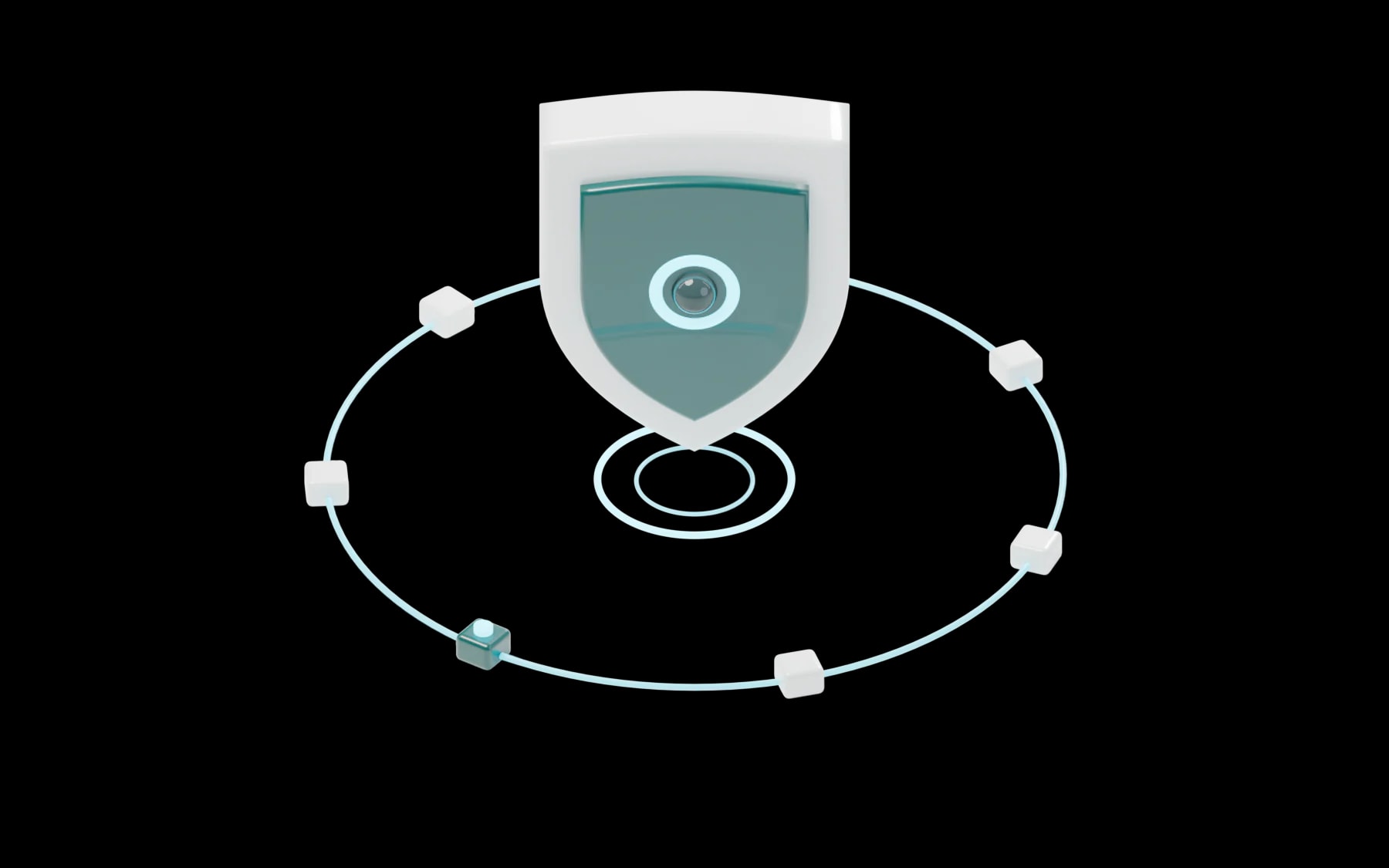 A layered shield hovering over an emitter, inside a monitored perimeter ring of sensor nodes